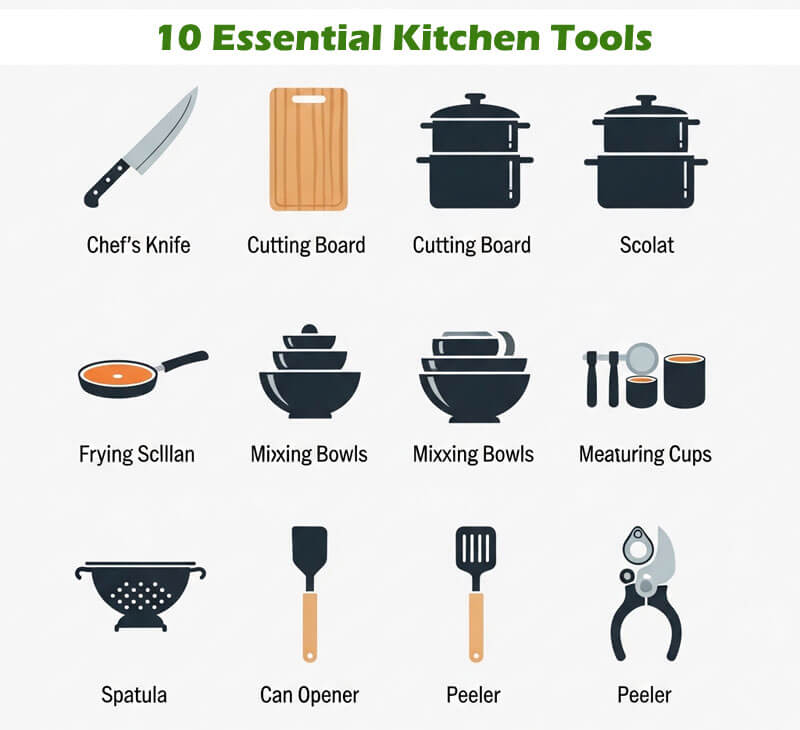 Visual checklist of 10 essential kitchen tools arranged