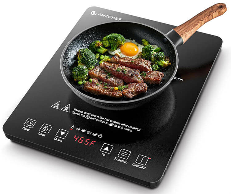 AMZCHEF 1800W portable induction cooktop with black ceramic glass surface and digital touchscreen display