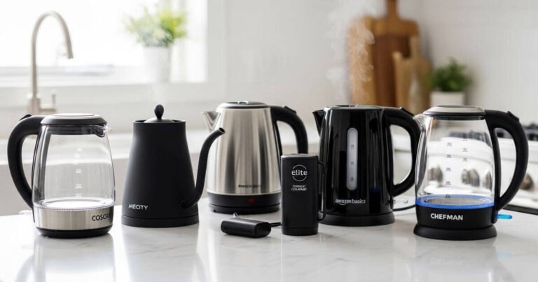 Five best electric kettles for small kitchens including COSORI glass, Mecity gooseneck, Amazon Basics stainless steel, Elite Gourmet travel, and Chefman models on marble countertop