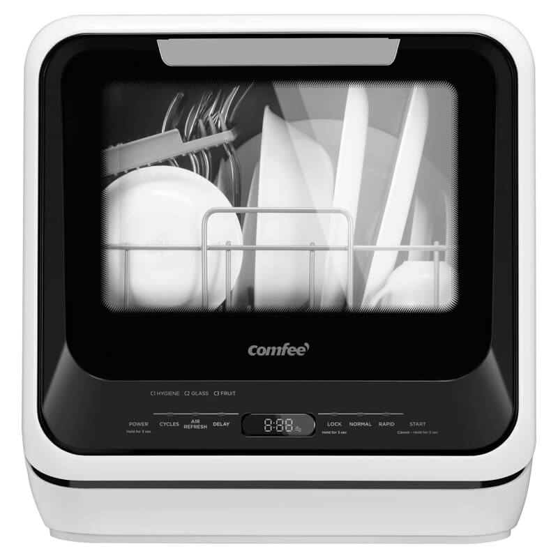 COMFEE Countertop Dishwasher on small apartment counter with stainless steel finish and control panel