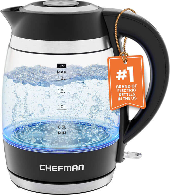 Chefman 1.8L glass electric kettle with blue LED light, best family-size option for small kitchens