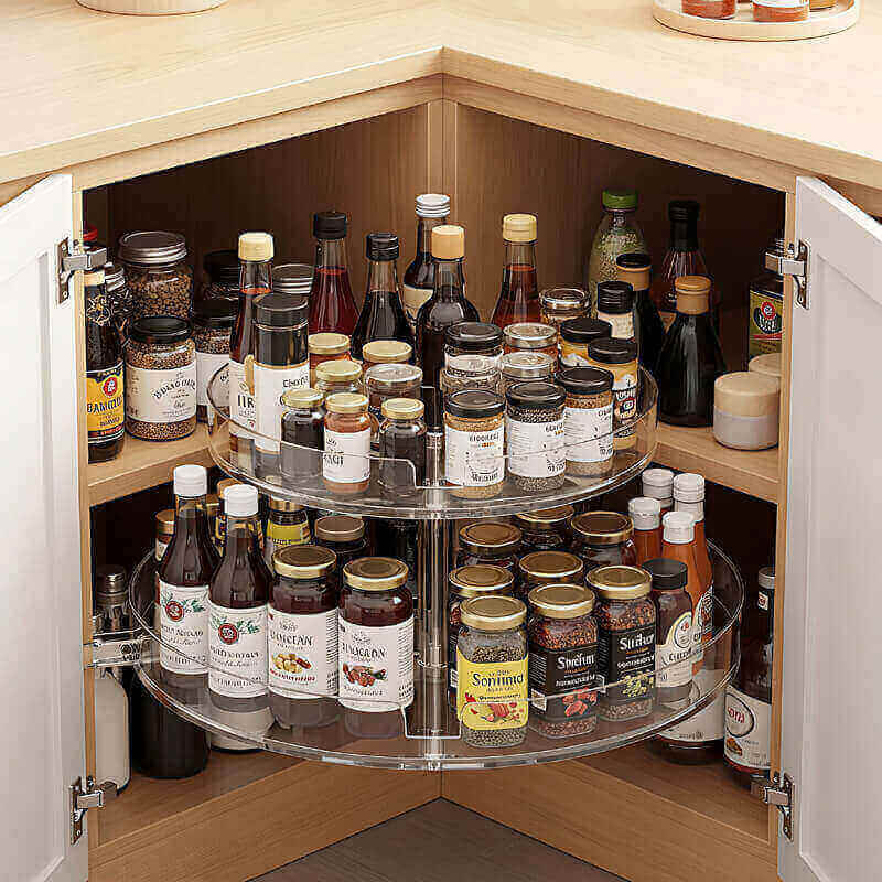 Clear Lazy Susan organizing corner cabinet items for easy access