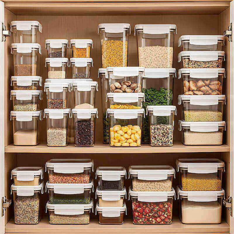 Stackable food storage containers organizing dry goods in small kitchen cabinet