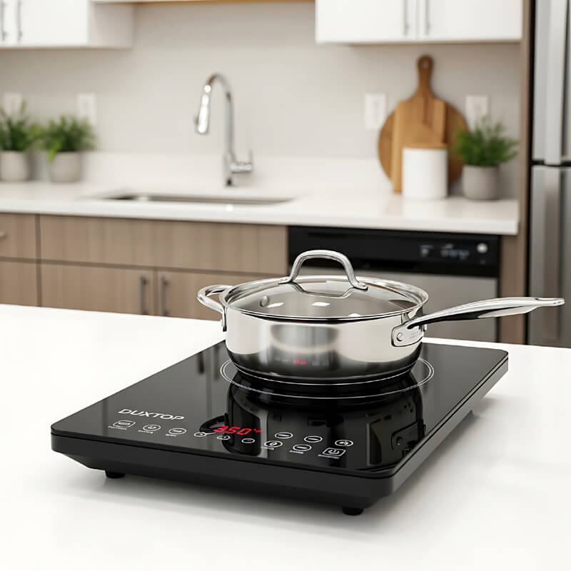 Duxtop 1800W portable induction cooktop with black glass surface and digital display on apartment counter