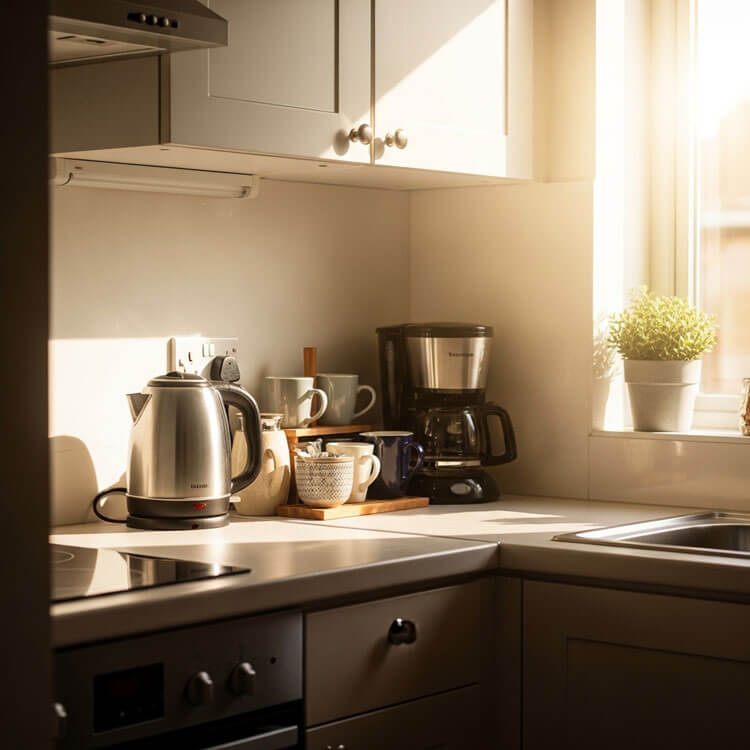 Cozy small apartment kitchen with electric kettle and coffee maker on counter, space-saving setup