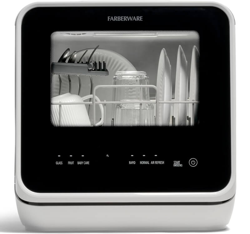 Farberware Portable Countertop Dishwasher on small apartment kitchen counter with space around