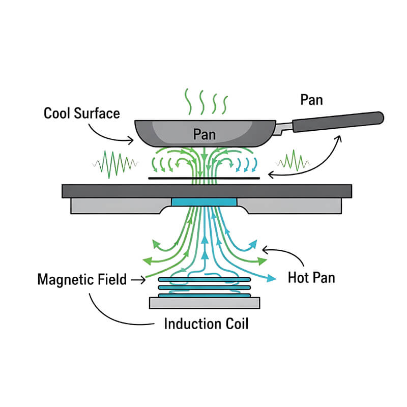 Educational diagram showing how induction cooktops use magnetic fields to heat pans while surface stays cool