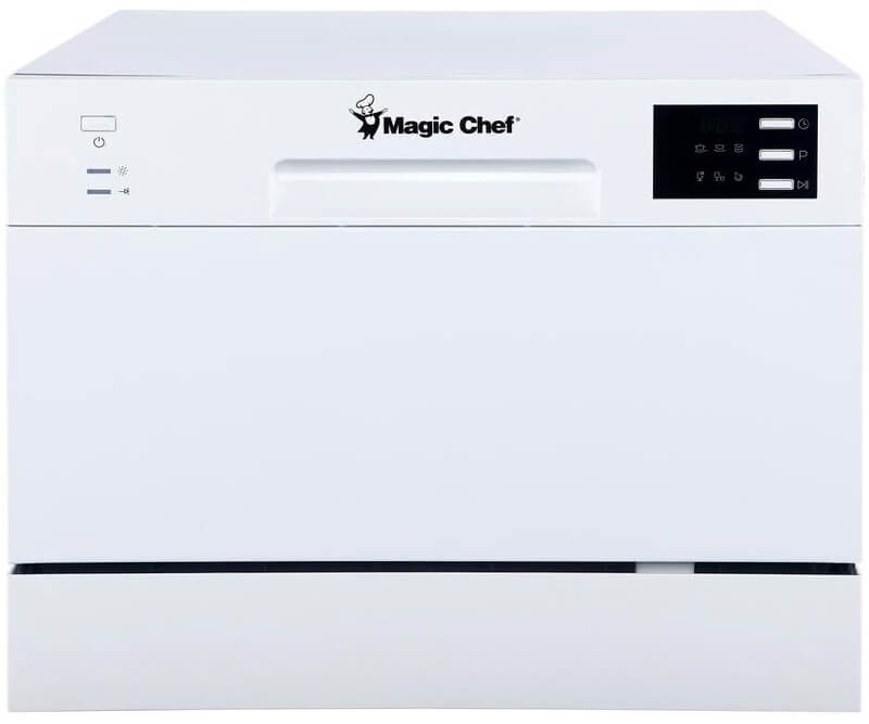 Magic Chef mini dishwasher on budget-friendly small kitchen counter with white finish