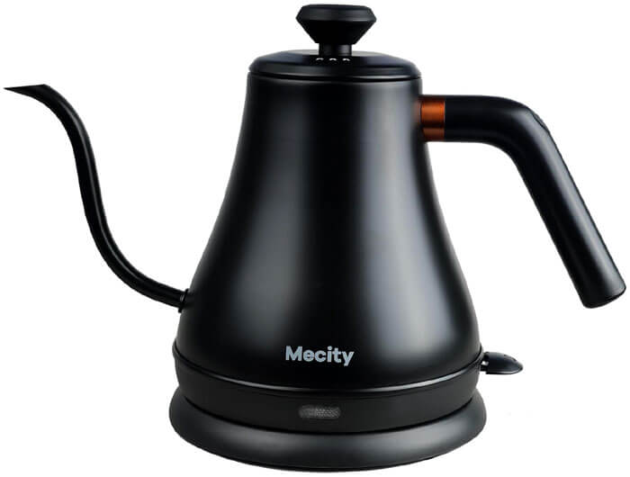 Mecity matte black gooseneck electric kettle with pour-over coffee setup, best for coffee enthusiasts in small kitchens