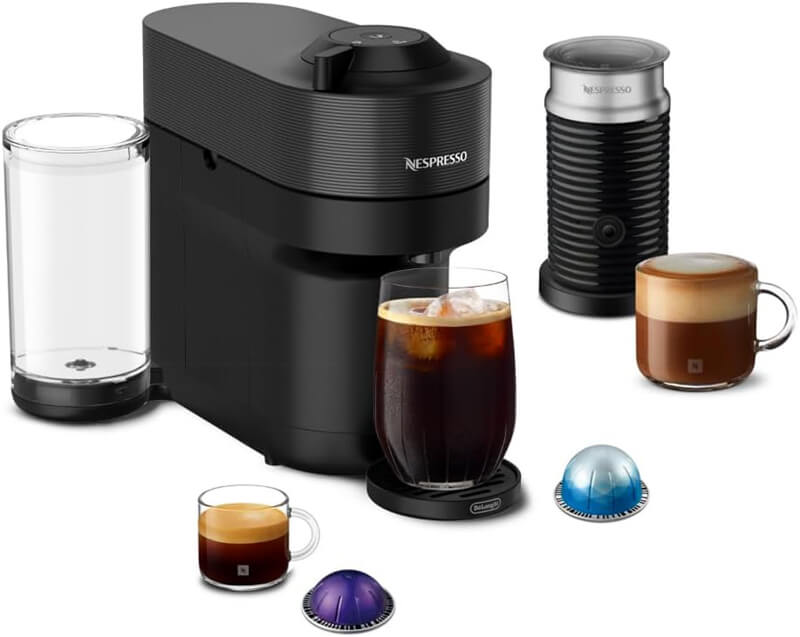 Nespresso Vertuo Pop coffee machine in tiny kitchen corner