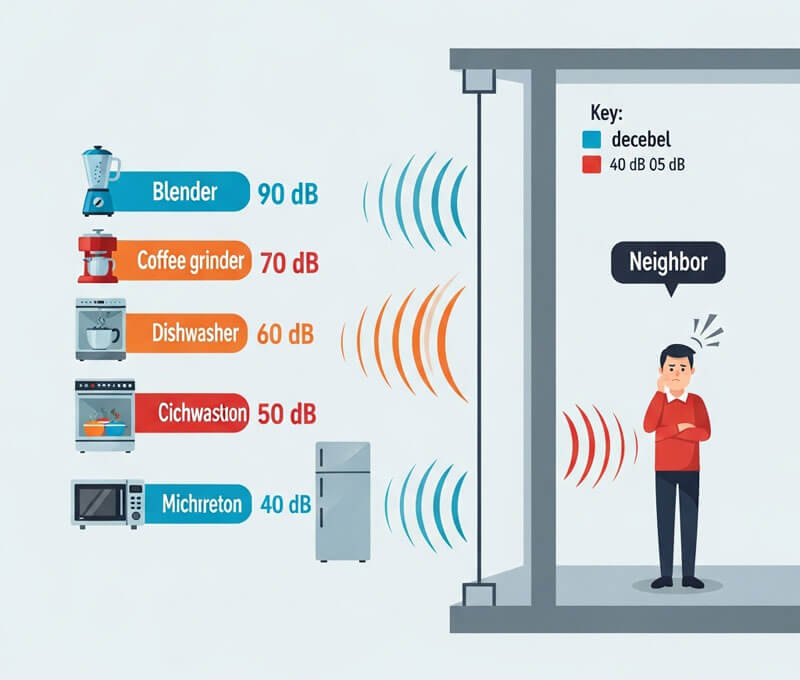 Kitchen appliance noise level comparison showing which appliances are safe for apartment living
