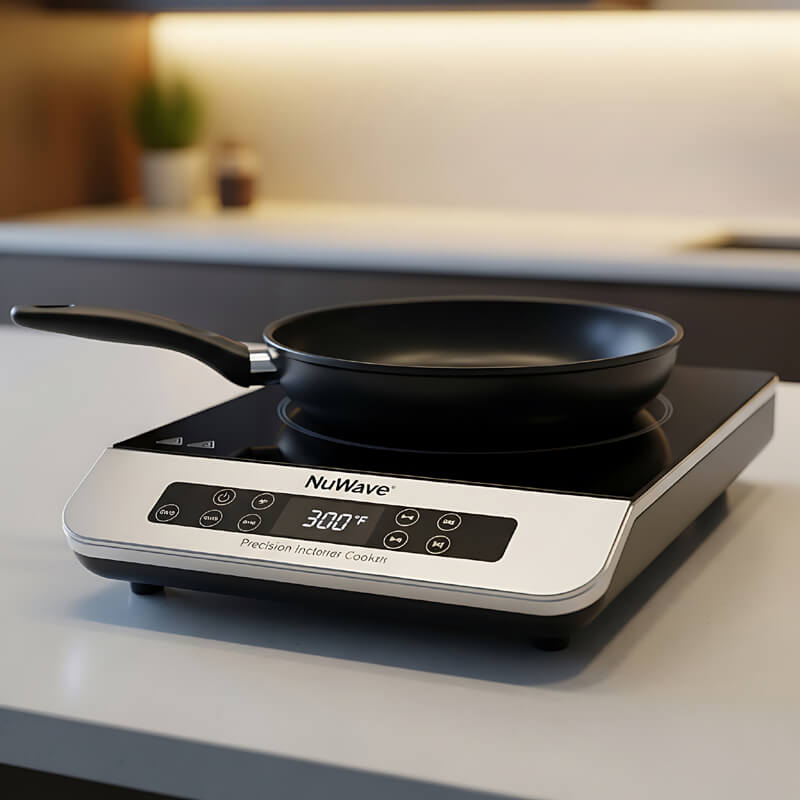 NuWave Precision induction cooktop with silver finish and digital temperature display on kitchen counter