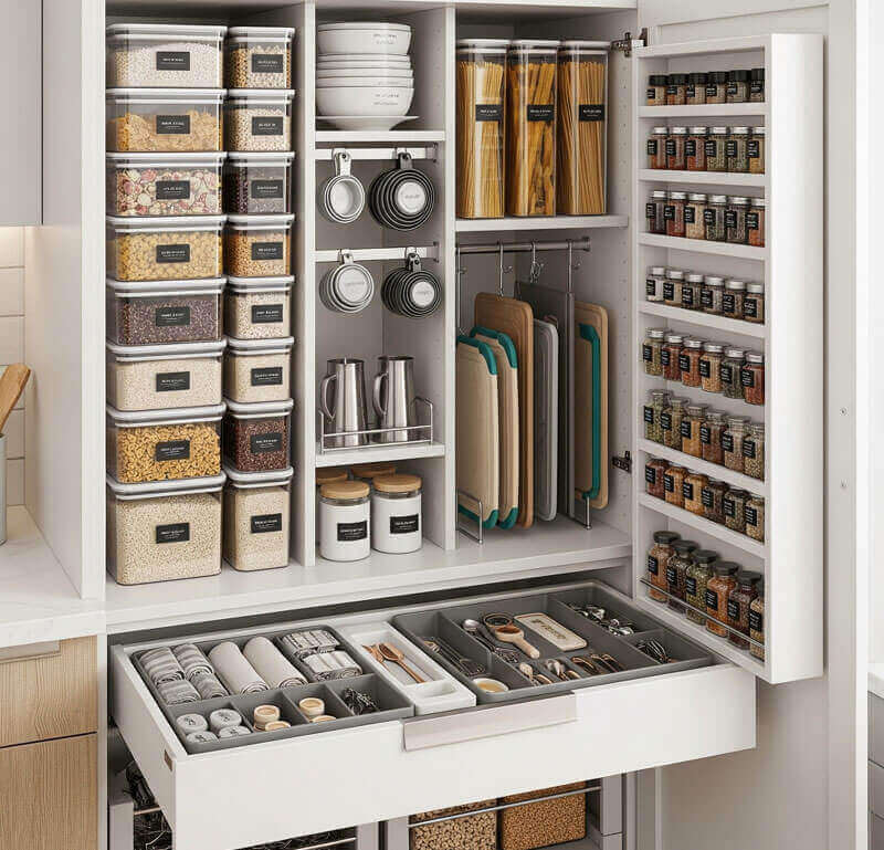 Organized kitchen cabinet with stackable containers and space-saving storage solutions