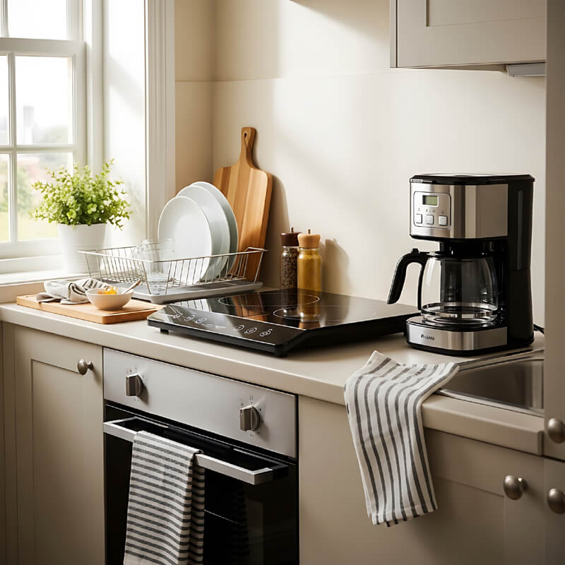 Complete rental kitchen setup with portable induction cooktop on counter showing how it fits in small apartment space