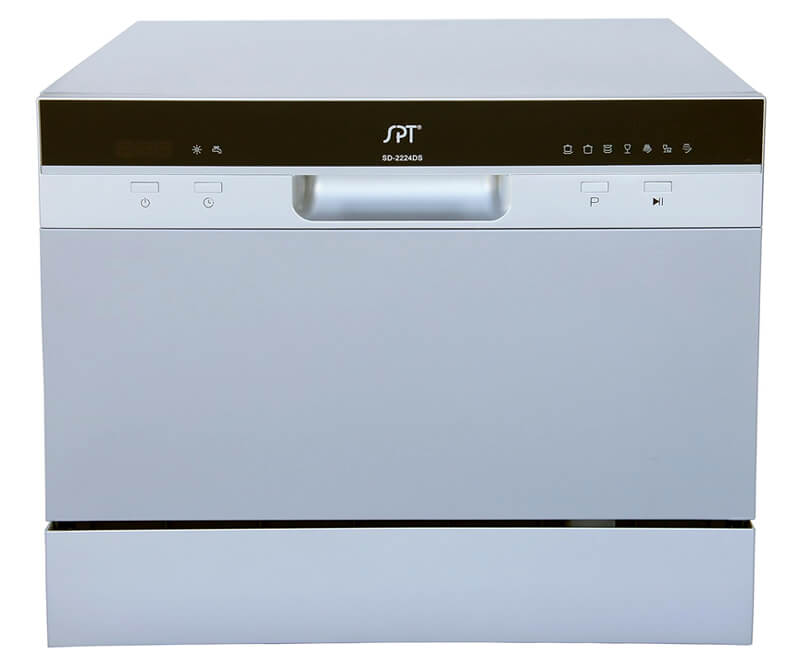 SPT countertop dishwasher on small kitchen counter with simple white finish and basic controls