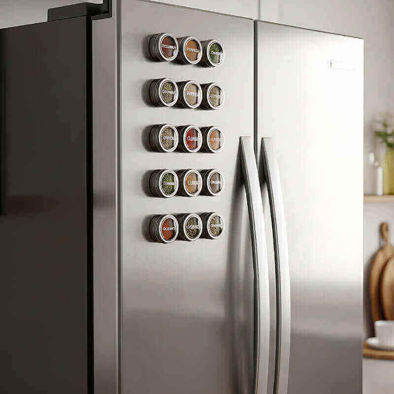 Magnetic spice tins on refrigerator side saving cabinet space and keeping spices visible