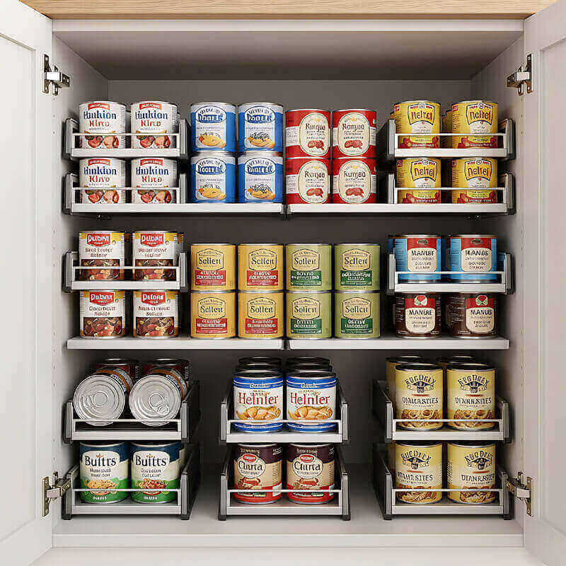 Stackable can racks organizing canned goods in small kitchen cabinet