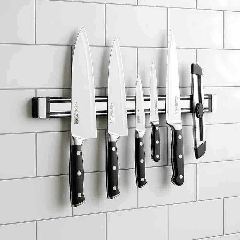 Magnetic knife strip on kitchen backsplash holding stainless steel knives saving counter space