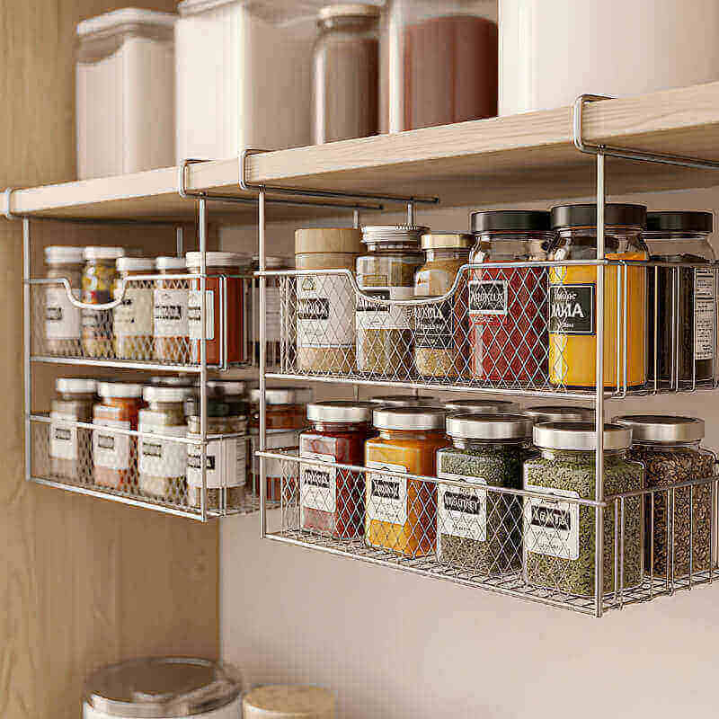 Under-shelf wire baskets creating extra storage space in kitchen pantry