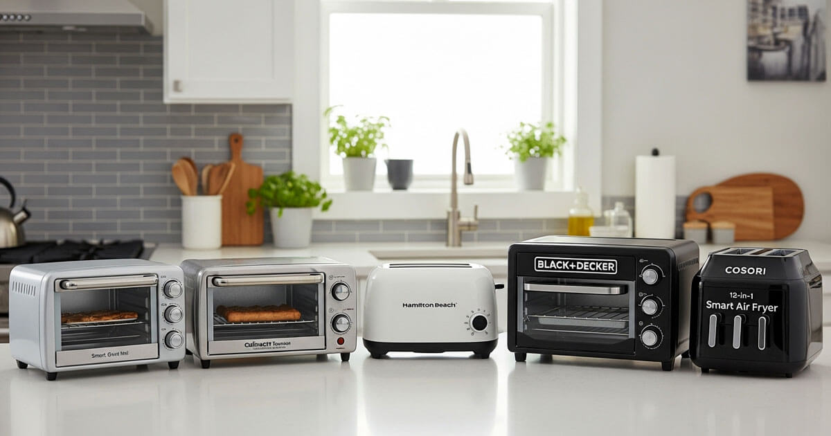 Five best compact toaster ovens for small kitchens including Breville, Cuisinart, Hamilton Beach, BLACK+DECKER, and COSORI on apartment counter