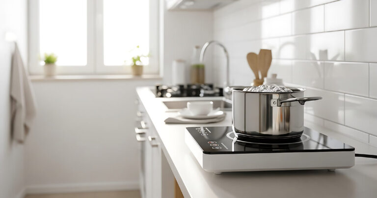 Portable induction cooktop on small apartment counter with pot of boiling water, space-saving rental kitchen solution