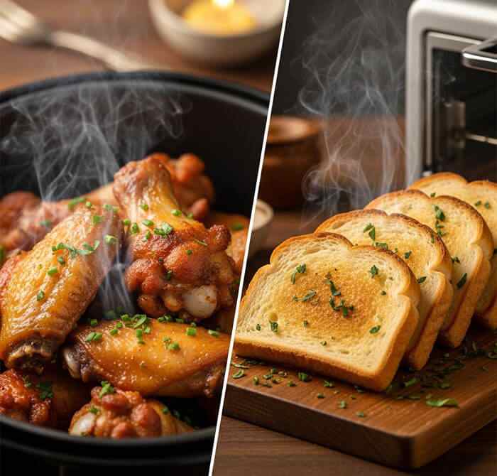 Air fryer crispy chicken wings vs toaster oven toast showing different food capabilities