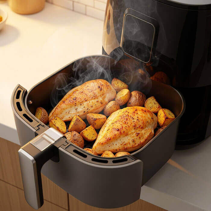 4-quart air fryer with 2 chicken breasts showing why this size answers what size air fryer do i need for couples