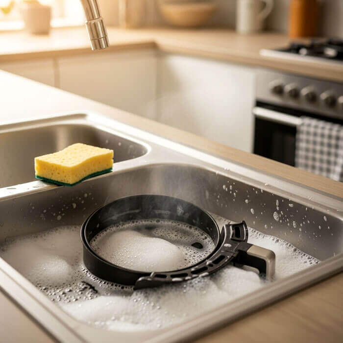Air fryer basket soaking in hot soapy water to loosen baked-on grease