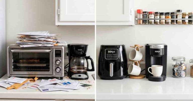Air fryer tiny kitchen before and after comparison showing messy cluttered counter vs clean organized space with compact air fryer