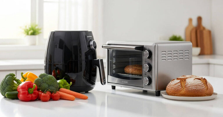 Air fryer vs toaster oven side by side comparison on kitchen counter for small kitchen decision