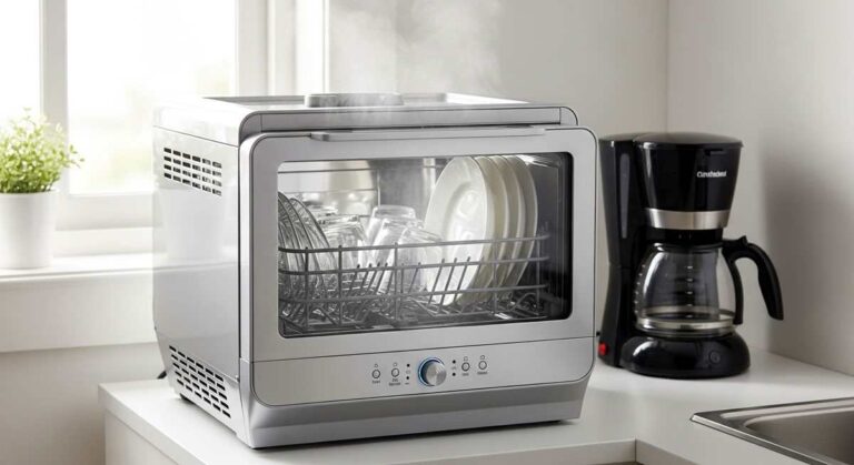 Are countertop dishwashers worth it? Countertop dishwasher on small kitchen counter with clean dishes visible through glass lid