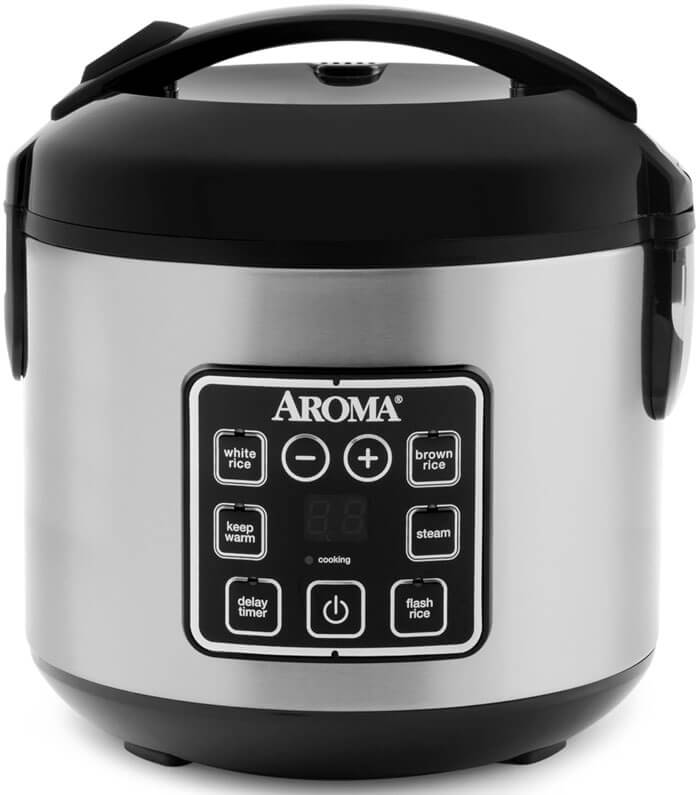 Aroma Digital 2-quart rice cooker in stainless steel with digital controls and steam tray, perfect for versatile cooking