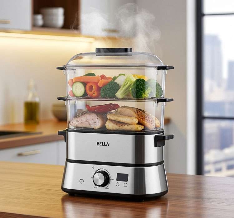 BELLA two tier food steamer with stackable baskets on a kitchen counter