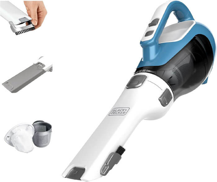BLACK+DECKER Dustbuster handheld vacuum with crevice tool on kitchen counter cleaning crumbs