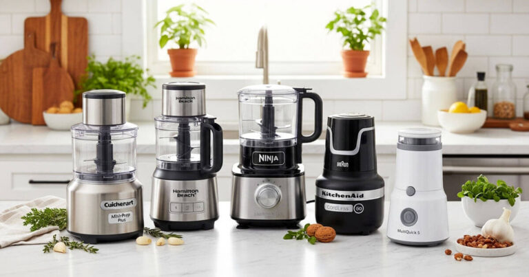 Five best compact food processors for small kitchens including Cuisinart Mini-Prep, Kenwood MultiPro Go, Ninja Stackable, KitchenAid Go, and Braun MultiQuick on marble countertop with herbs