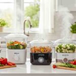 The Hamilton Beach Digital Steamer sitting on a small kitchen counter next to a coffee maker