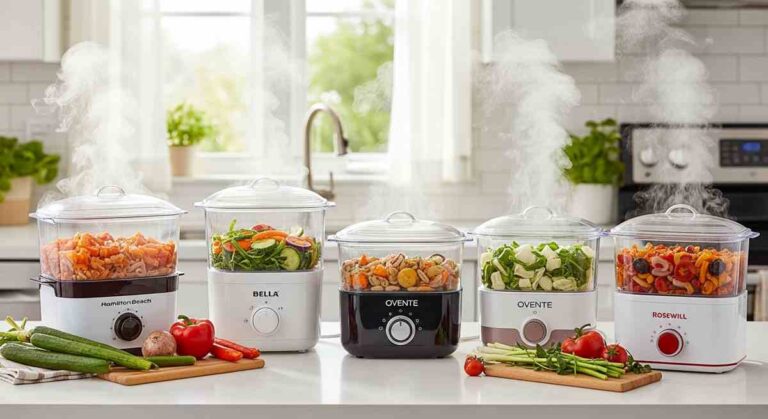 The Hamilton Beach Digital Steamer sitting on a small kitchen counter next to a coffee maker