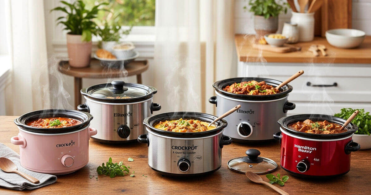 Five best mini slow cookers for small kitchens including Crock-Pot lunch crock, Elite Gourmet 1.5qt and 1.75qt, EverGood programmable 3.5qt, and Hamilton Beach portable 4qt on wooden table with food