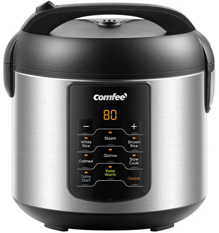 COMFEE' 6-in-1 compact rice cooker in black with digital display, 6 functions including slow cook and steam