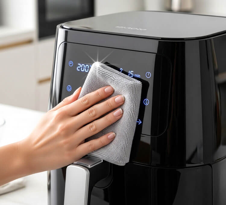 Cleaning air fryer exterior control panel with soft microfiber cloth to remove fingerprints
