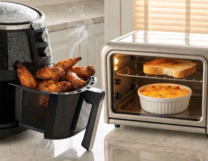 Crispy golden french fries in air fryer basket showing crispy food capability