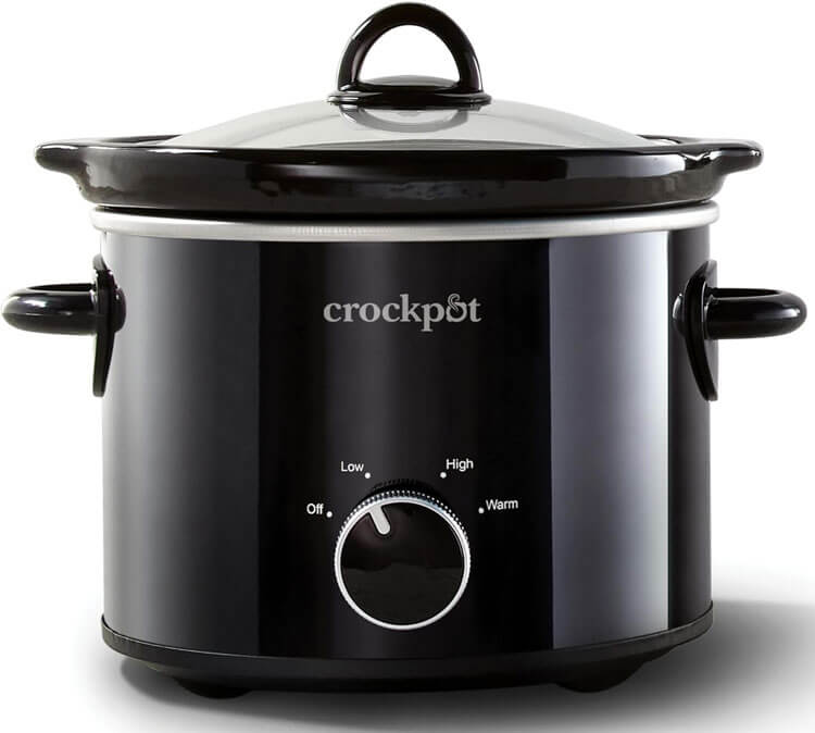 Crockpot 2-quart classic slow cooker in black on kitchen counter with steam rising, iconic trusted brand perfect for small families