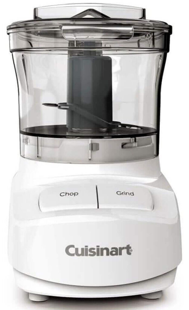 Cuisinart Mini-Prep Plus 3-cup food processor in brushed stainless steel on small kitchen counter, best overall compact chopper for apartments