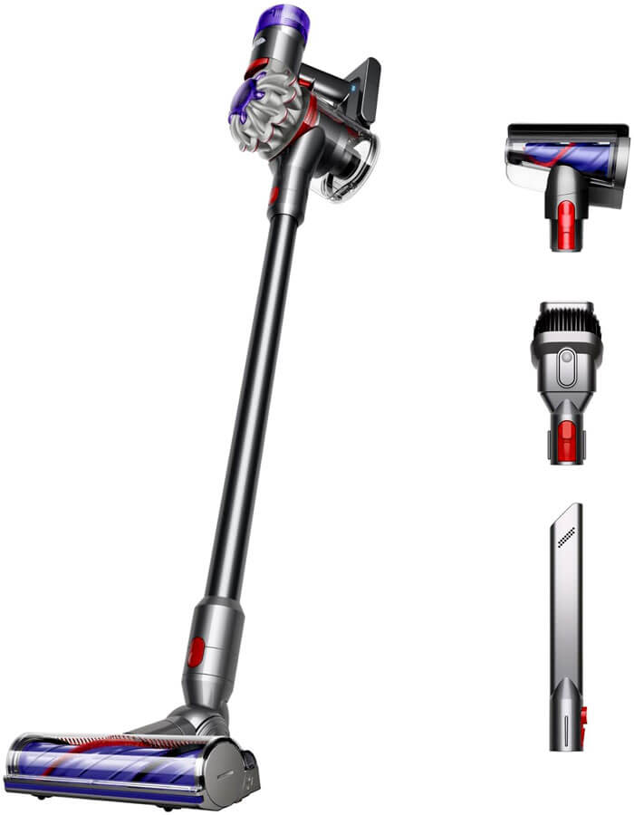 Dyson V8 cordless stick vacuum converted to handheld mode cleaning kitchen counter crumbs