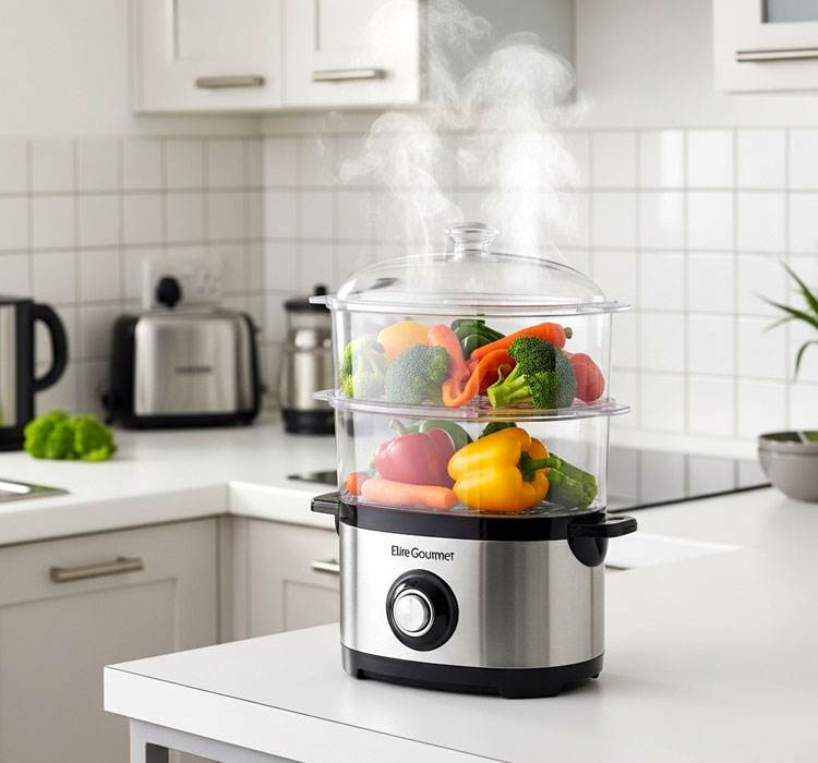 Elite Gourmet compact food steamer next to coffee mug showing small size