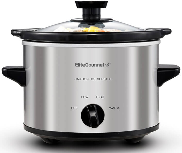 Elite Gourmet 1.5 quart mini slow cooker in stainless steel on small apartment counter, perfect for solo diners