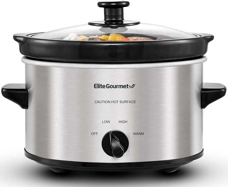 Elite Gourmet 1.75 quart adjustable slow cooker in gray oval shape on kitchen counter, ideal for couples