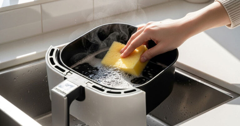 Cleaning an air fryer basket in kitchen sink with soapy water and soft sponge to remove grease