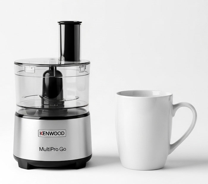 Kenwood MultiPro Go size comparison next to coffee mug showing compact footprint