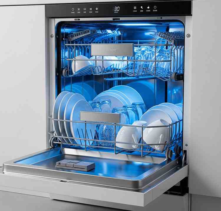 NOVETE portable dishwasher on counter with clean dishes, space-saving nook tool